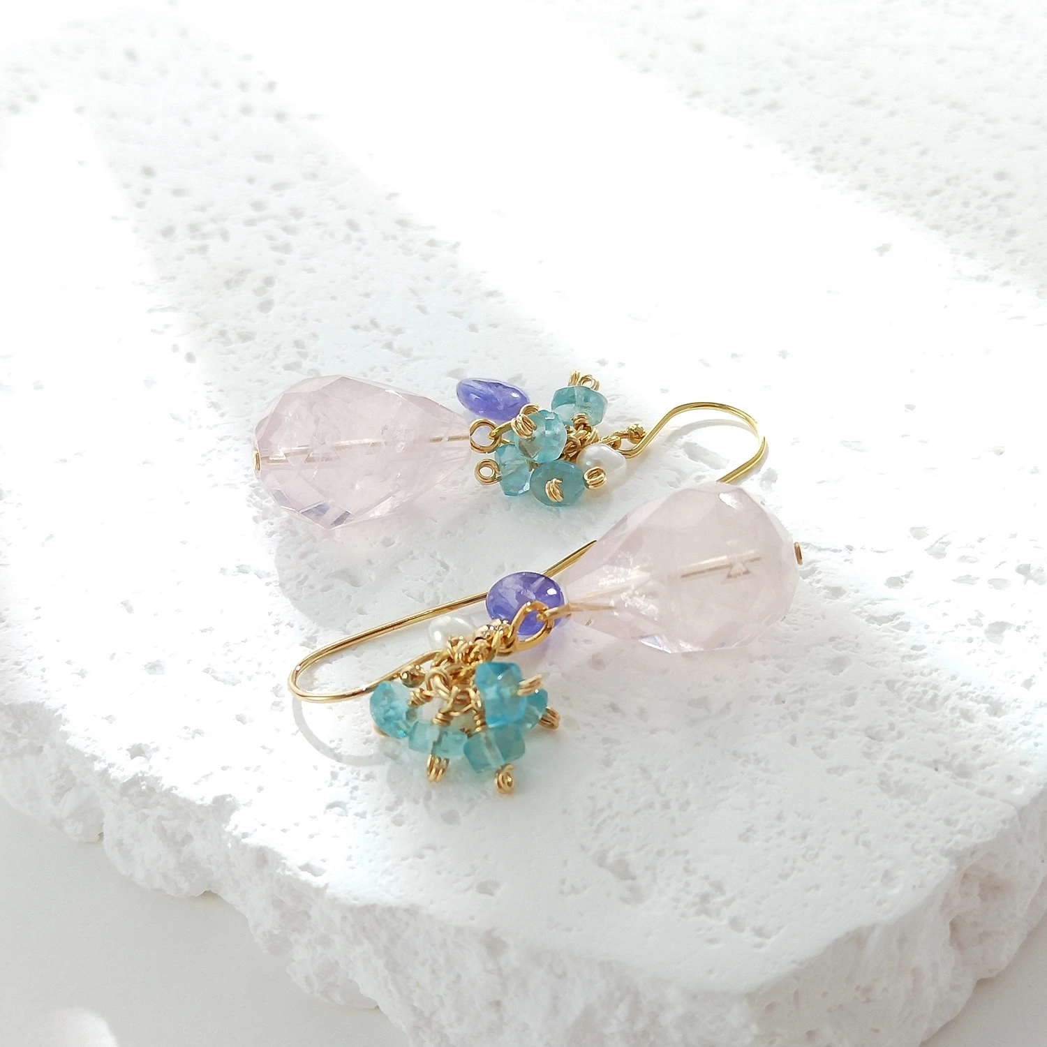 Lii Ji Rose Quartz Tanzanite Apatite Pearl 14K Gold Filled Dangle Earrings Natural Stone Handmade Jewelry For Women Gift