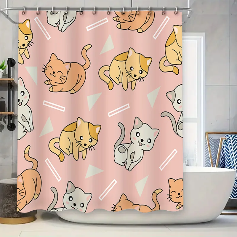 

Занавеска для душа с кошачьим узором, водонепроницаемая ткань, декор для ванной комнаты, аксессуары для дома, розовый цвет с белым треугольным дизайном (180x240 см)
