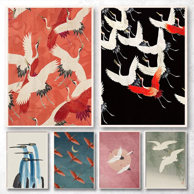 Red Crane Hokusai Eclectic Gallery Wall Art Prints Blue Heron Canvas Painting Nordic Posters Coastal Wall Pictures Home Decor