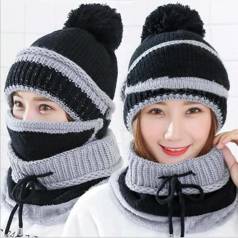 2024 Women's Winter Hat Mask Bib 3 Piece Set Velvet Thick Knitted Hat Warm Ear Protection Mixed Color Woolen Hat for Women Caps