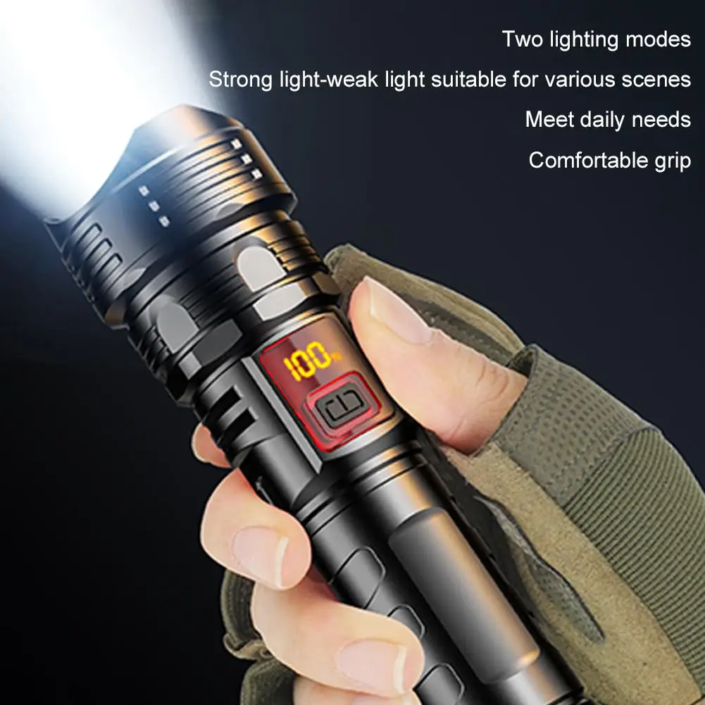 LED Flashlight Super Bright Rechargeable Portable Ultra Power Torch Lamp Retractable Digital Zoom Hand Light For Camping Ou R8H0