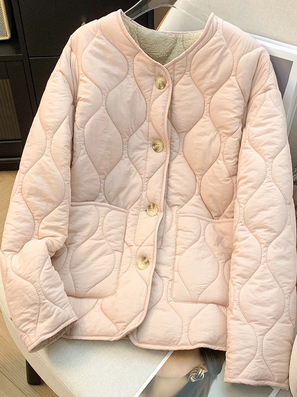 

Pink Lamb Velvet Cotton Jaet Women's Thiened round Ne Lamb Fur Inner Cotton Coat Outerwear Retro Sle Long Sve Coat