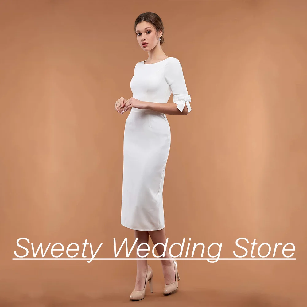 Civil Wedding Dress Woman Short  Dresses Half Sleeves Round Neck Tea Length Simple Satin Bridal Gown Vestidos De Novia