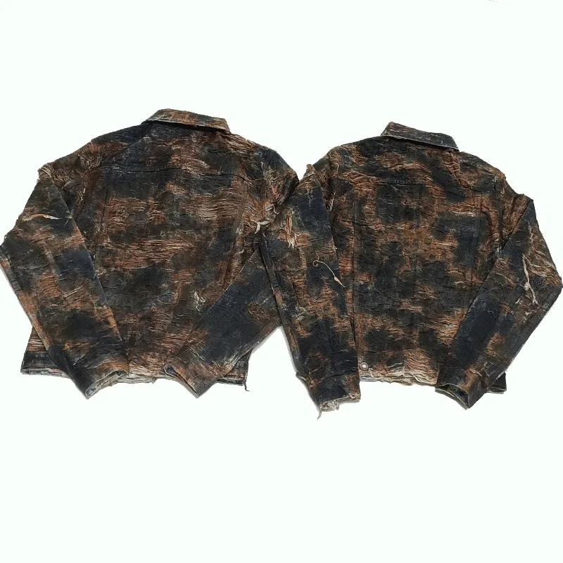 High Street Jackets Men's Coating Retro Distressed Worn-out Letters Burned and Eroded Lapel Denim Jacket