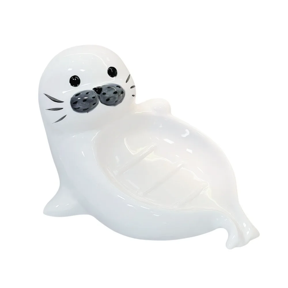 

Cute Sea Lion Soap Dish Drainable Soap Container Self Draining Soap Holder Ceramic Soap Box Bathroom Decor Organizer for Sink