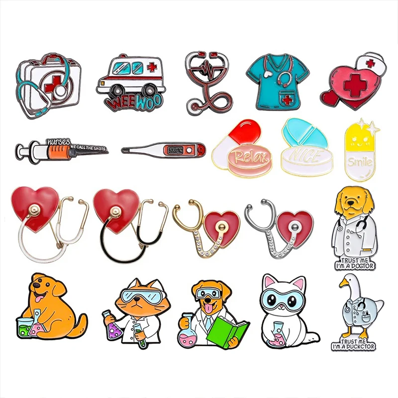 Medical Metal Brooch Needle Tube Stethoscope First Aid kit Cat Nurse Dog Doctor Animal Patient Medical Badge Punk Pins Jewelry