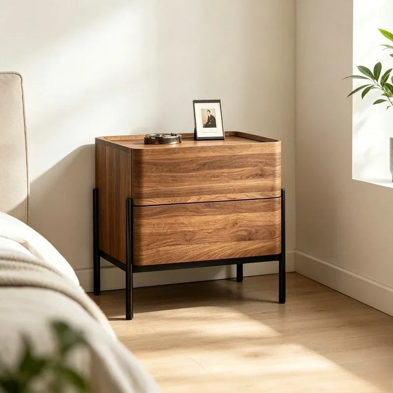 Modern Minimalist Wood Nightstand Full Rounded Anti-Collision Corners Compact Small Space Bedroom Bedside Accent Storage Table