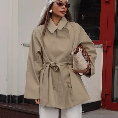 

KIDCRKJ Lace Up Women Spring Trench Coat Khaki Lapel Collar Mid Length Jacket For Female Waist-cinching Slim Lady Jacket Coat