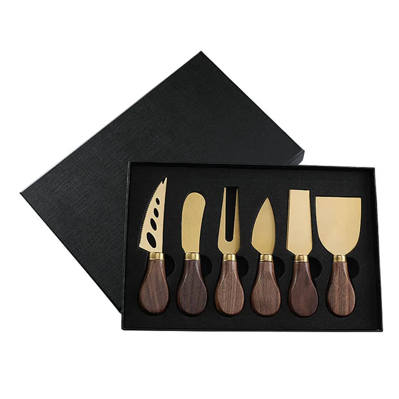 

Premium Exquisite Stainless Steel Cheese Knives Set Fork Spreader Collection Walnut Handle Slicer with Gift Box