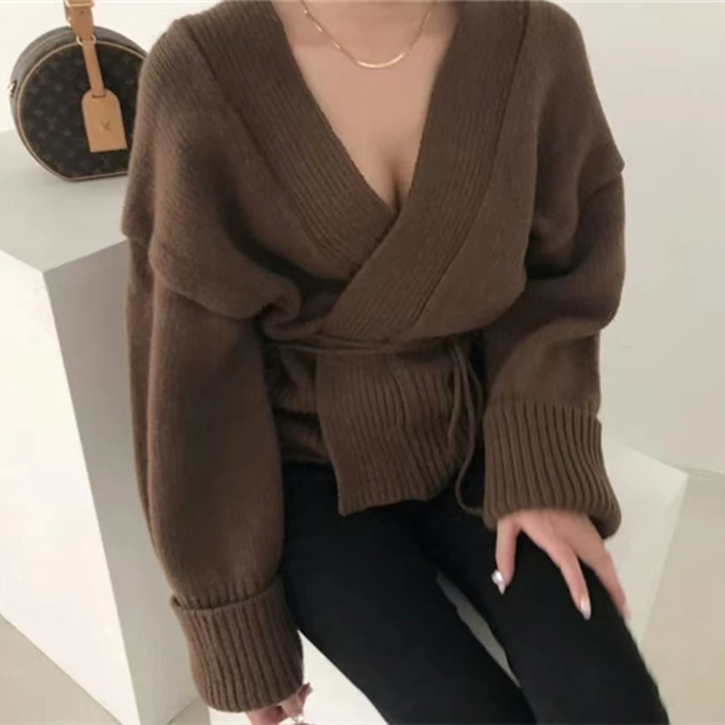 Cardigan tricoté à col en v pour femme, pull ajusté à lacets, nouvelle veste courte à manches longues, vêtements décontractés de couleur unie, automne et hiver