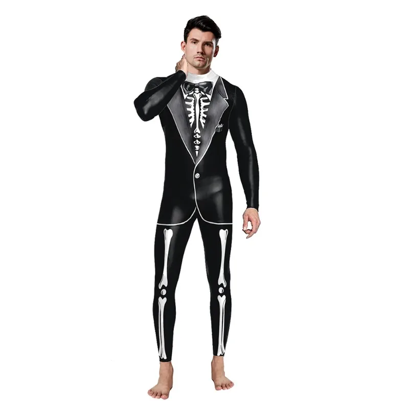 Scary Catsuit Halloween Skeleton Bone Print Costume Women Adult Horror Party Dress Up Jumpsuit Bodysuit Outfit - view 3