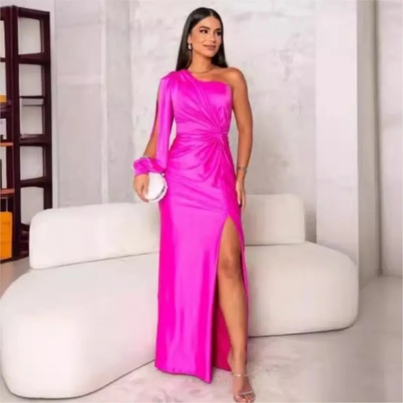 Nowa Sukienka Damska na Imprezę, Seksowna, na Jedno Ramię, Satynowa, z Wysokim Rozcięciem, Koktajlowa, Asymetryczna, Krótka, Wyszczuplająca, Podkreślająca Biodra, Wiązana na Szyi, Elegancka Odzież Uliczna