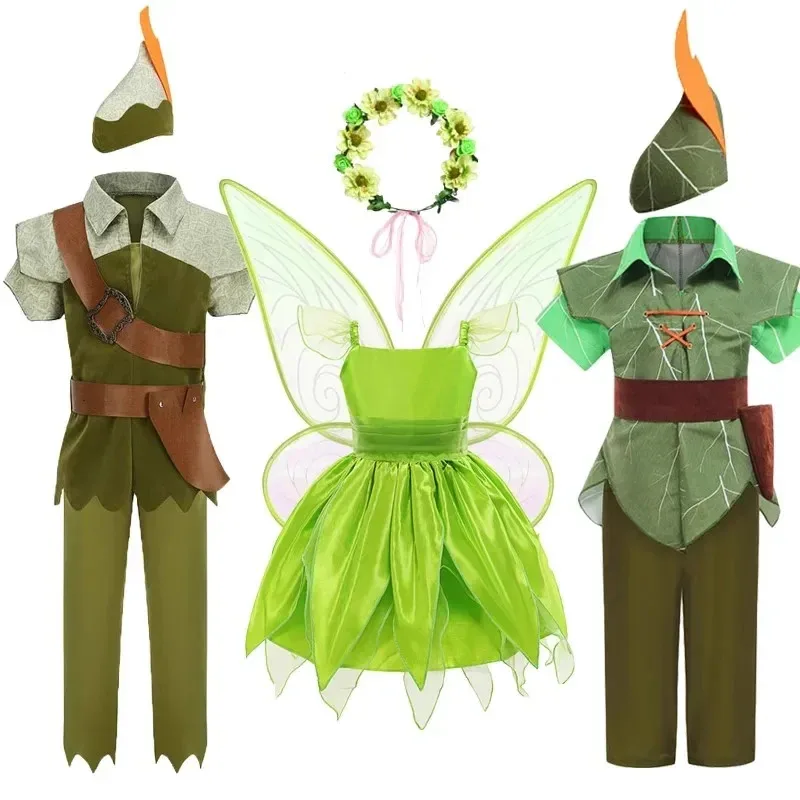 Disfraz de Hada Campanilla para niñas, disfraz de Halloween, Carnaval, fiesta de elfos, disfraz de Peter Pan, disfraz de Cosplay para niños, vestidos elegantes de Campanilla verde