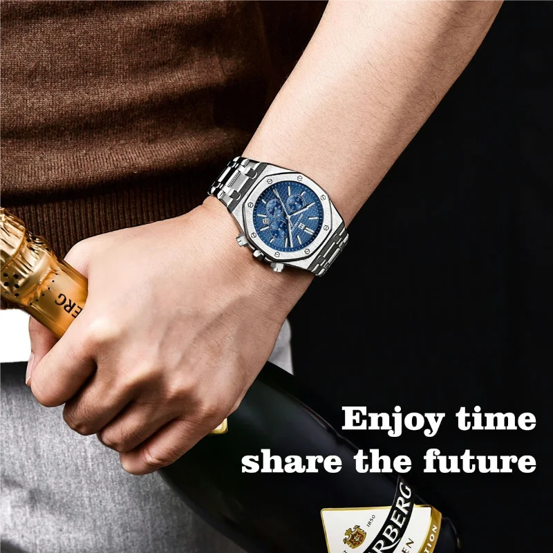 Men\'s Quartz Watch Oak Series with 43mm Quartz Movement Three Eye Six Needle Dial with Calendar Steel Strap 30 Meter Waterproof