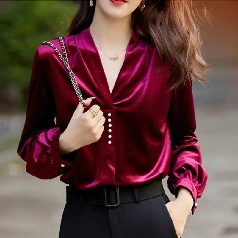 Thin Fashion Gold Velvet V-neck Blouse Light Ripe Girl Lantern Sleeve Solid Colour Office Lady Gloss White Button Pullover Fold