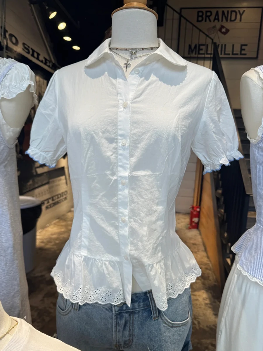 

Floral Embroidery Hem Cute T-shirt Blouse Women Peter Pan Collar Blue Trim Puff Sleeve Cotton Shirts Retro Sweet New Tshirts Y2k