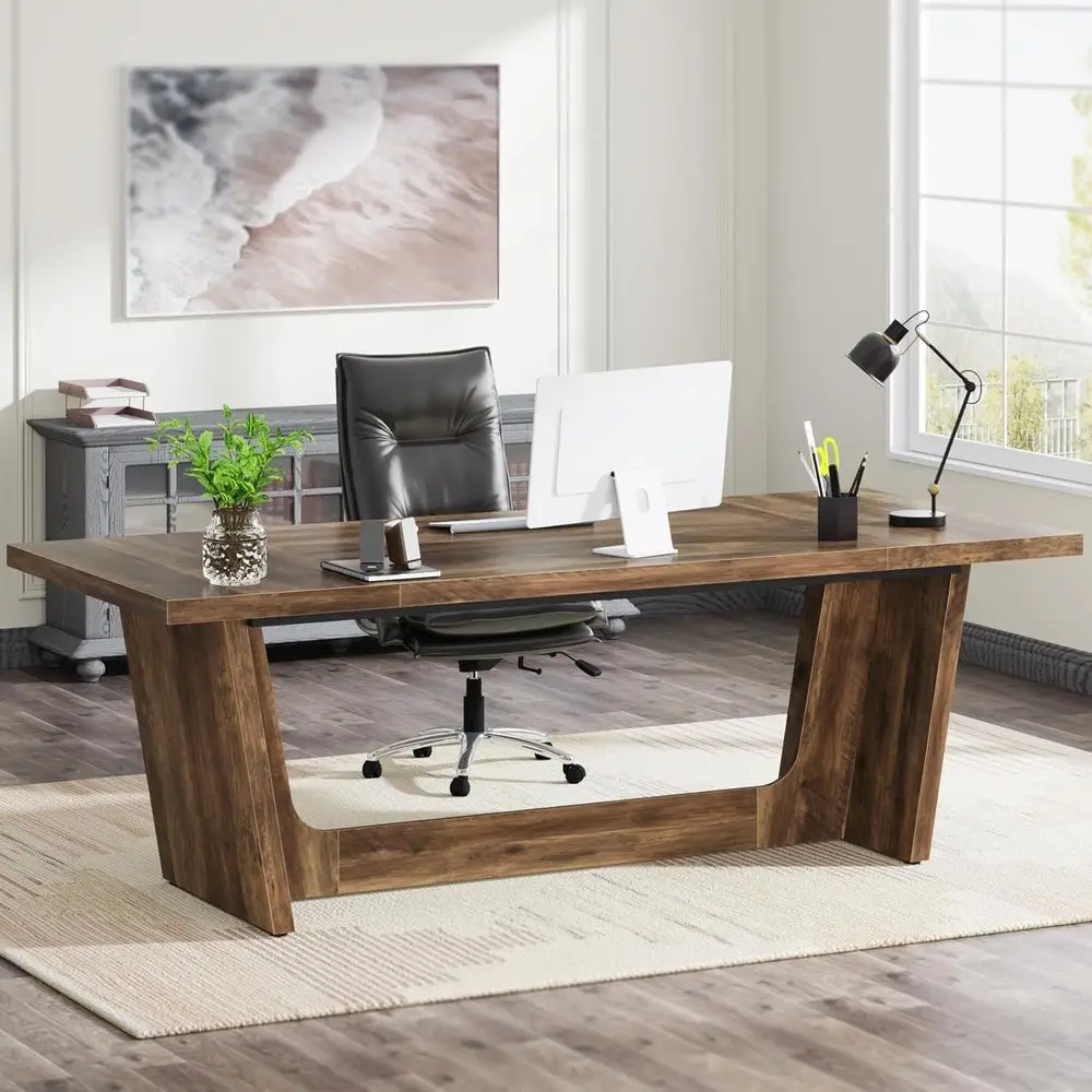 

Large 70.87-Inch Solid Wooden Pedestal Desk, Industrial Style Home Office Writing Table, Brown