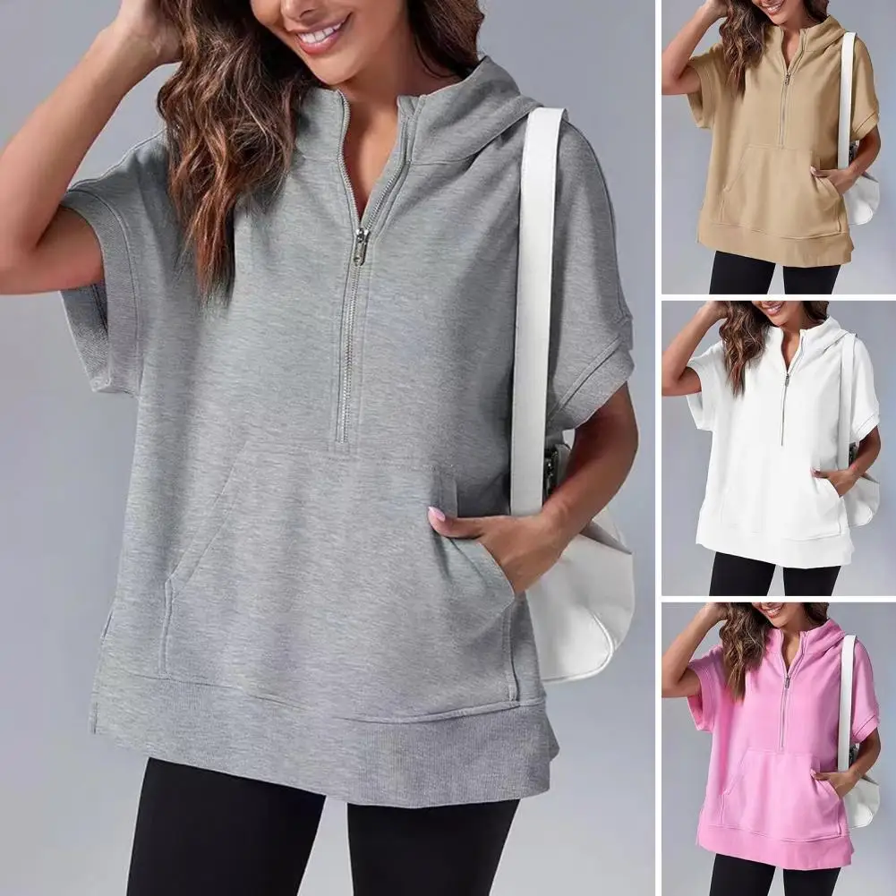 

Short Sleeve Hoodie Stylish Summer Women's Half Zipper Hoodie with Short Sleeves Solid Color Pocket Wear School for Females