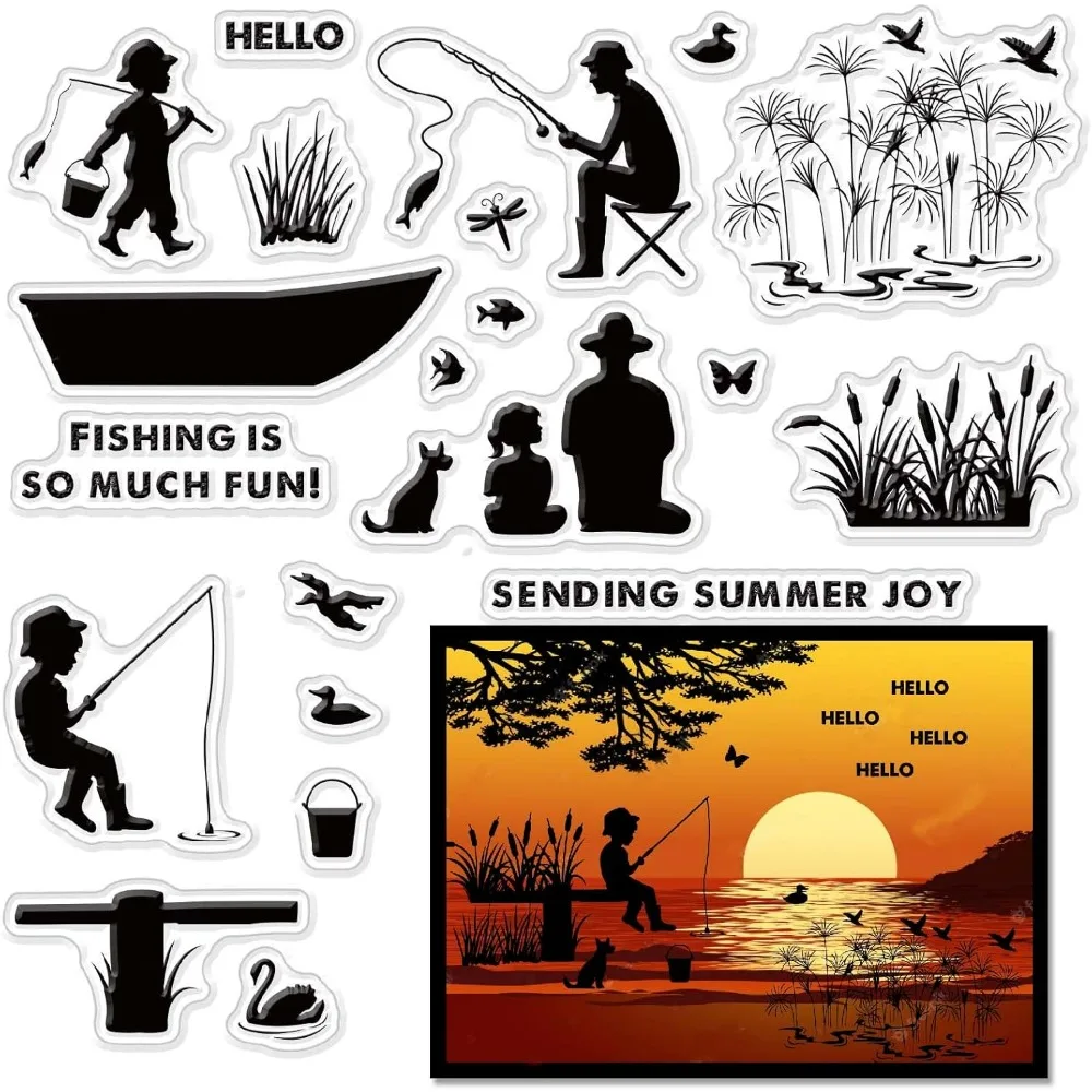 Fishing Clear Stamps for Card Making Decoration Scrapbooking Reed Silicone Rubber Stamp for Greeting Cards Photo Album Diary