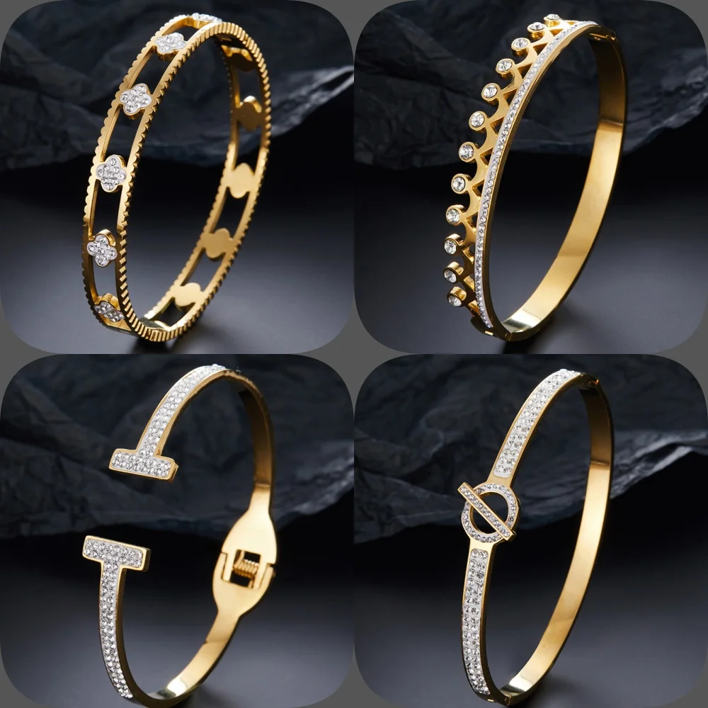 Bracelet luxueux en acier inoxydable plaqué or avec couronne de cristal, trèfle porte-bonheur à quatre feuilles et bijoux pour souffle de bébé, cadeaux pour femmes