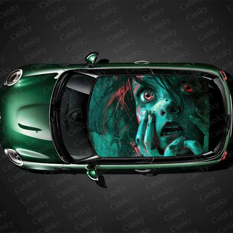 Scary Woman Art Car Roof Sticker Wrap Racing SUV Accessories Packaging Painted PVC Custom Car Graphic Decal