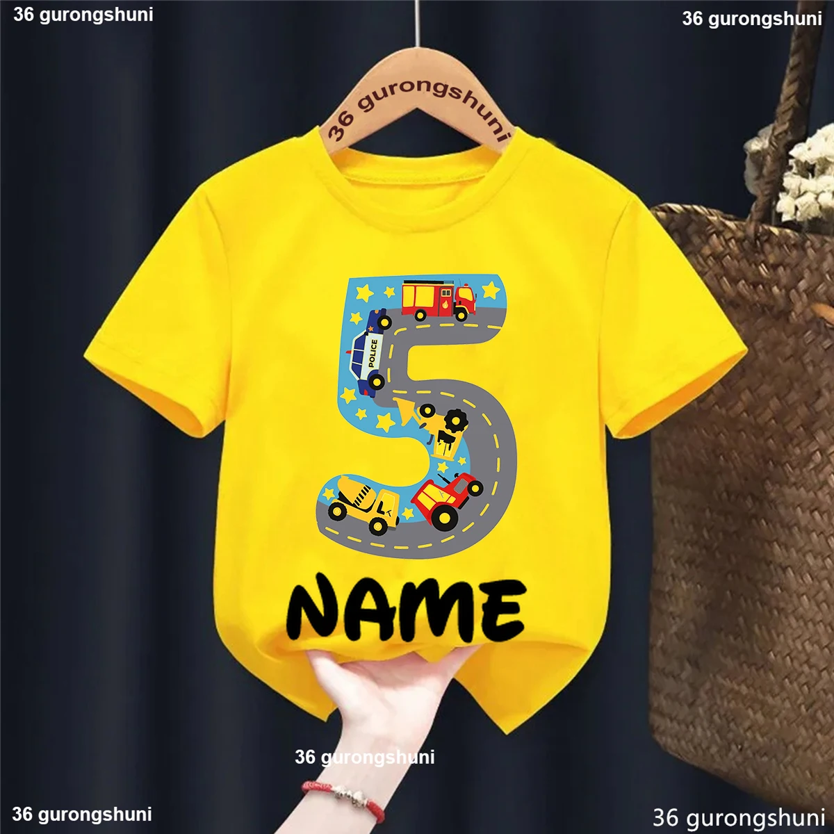 Custom name 5th Birthday Car Print Tshirt For Girls/Boys Funny Tractor White/Yellow T Shirt Kawaii Kids Clothes Summer T-Shirt