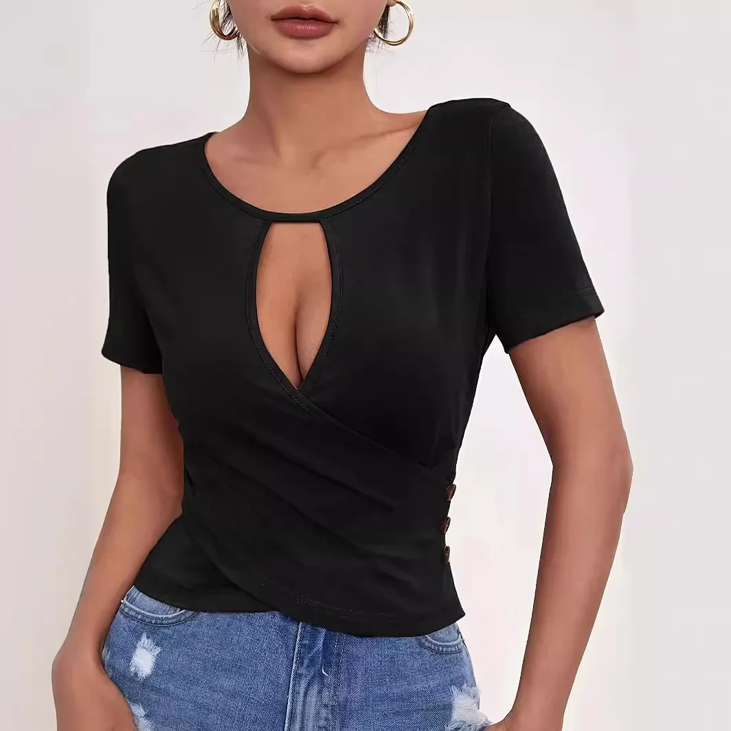 

Women's clothing 2024 new sexy hollow button slim fit casual short style temperament short sleeved T-shirt top YBF46-3