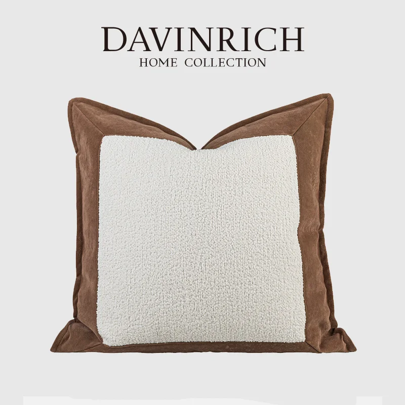 DAVINRICH Chic And Timeless Design Cushion Cover With Wide Brown Border Post-Modern Rustic Style Pillowcase For Sofa Chair Couch