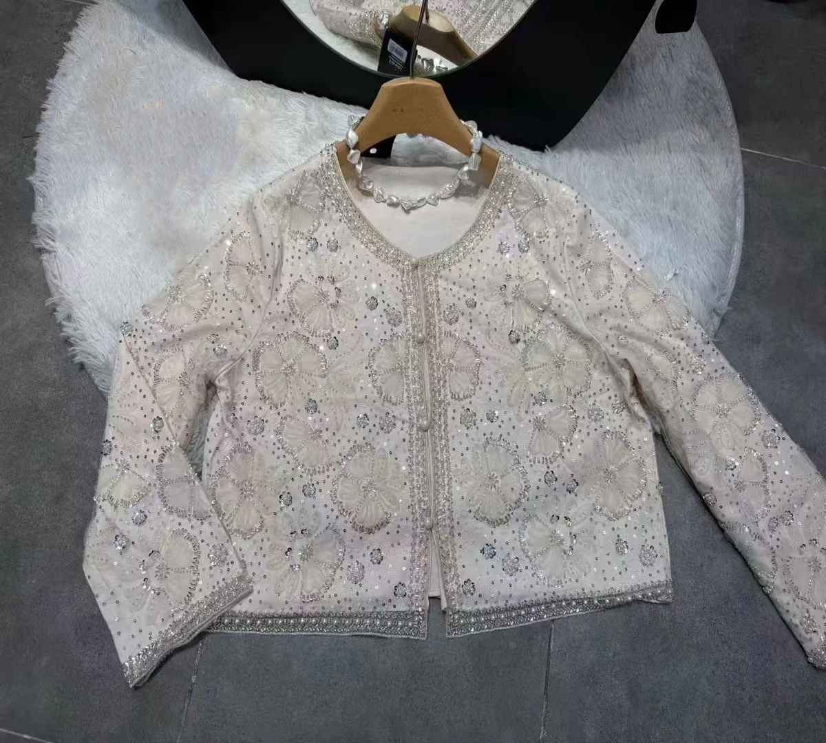 Autumn New O-Neck Fairy Style High-End Embroidery+Handmade Beading Flower Shine Long Sleeved Women's Jacket S-XL