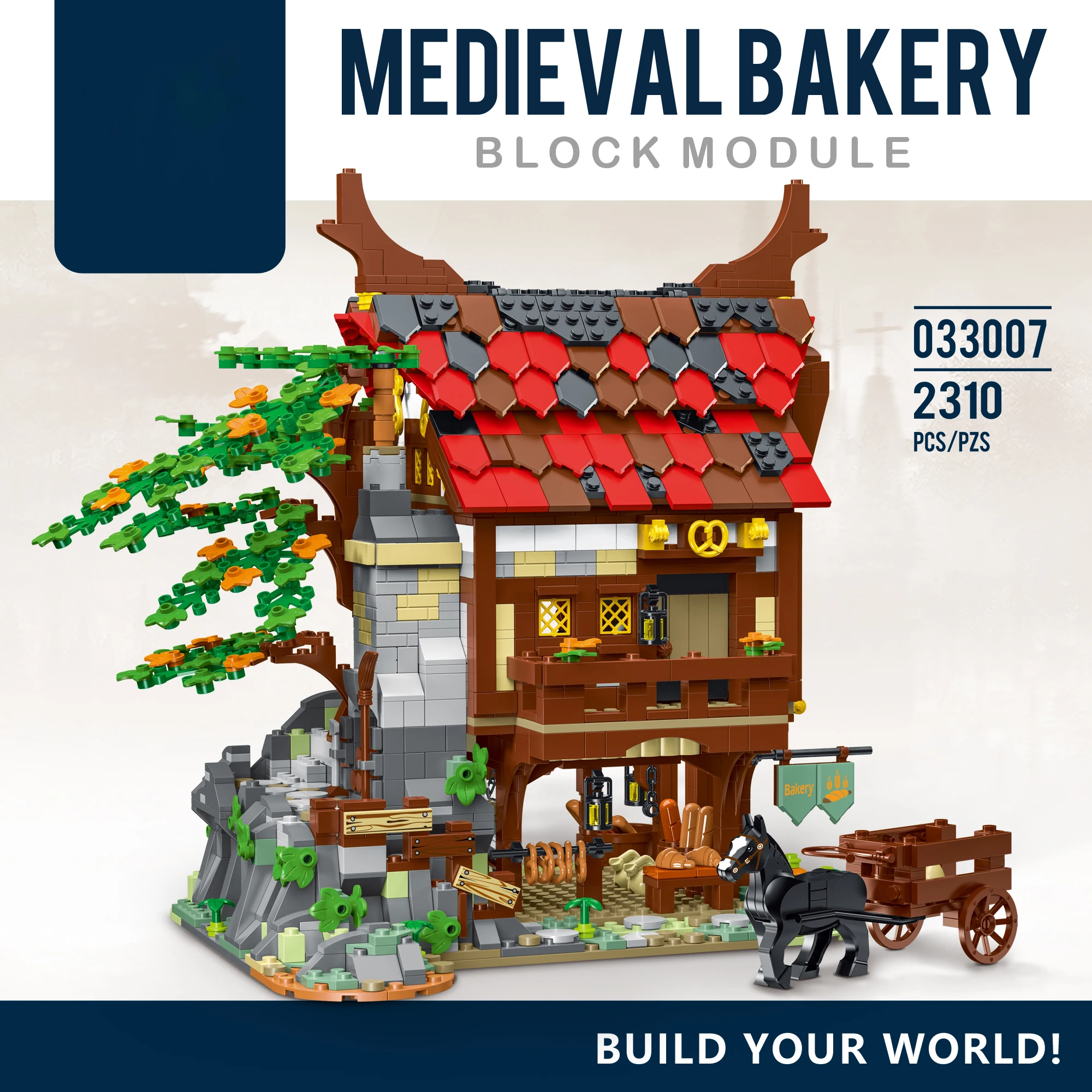 

Medieval bakery building blocks assembly desktop ornaments, 2310PCS ancient style cottage model assembly, children's toy gift