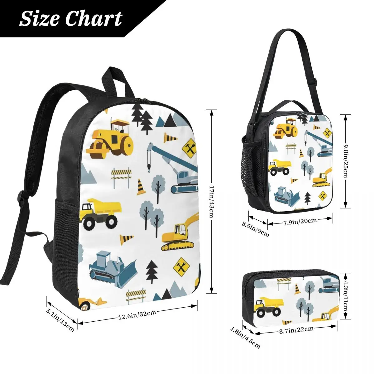 Blue Construction Trucks & Site Theme Pattern Backpack BookBag School Bag  Shoulder Bags 3ps Insulated Lunch Bag Pencil Case
