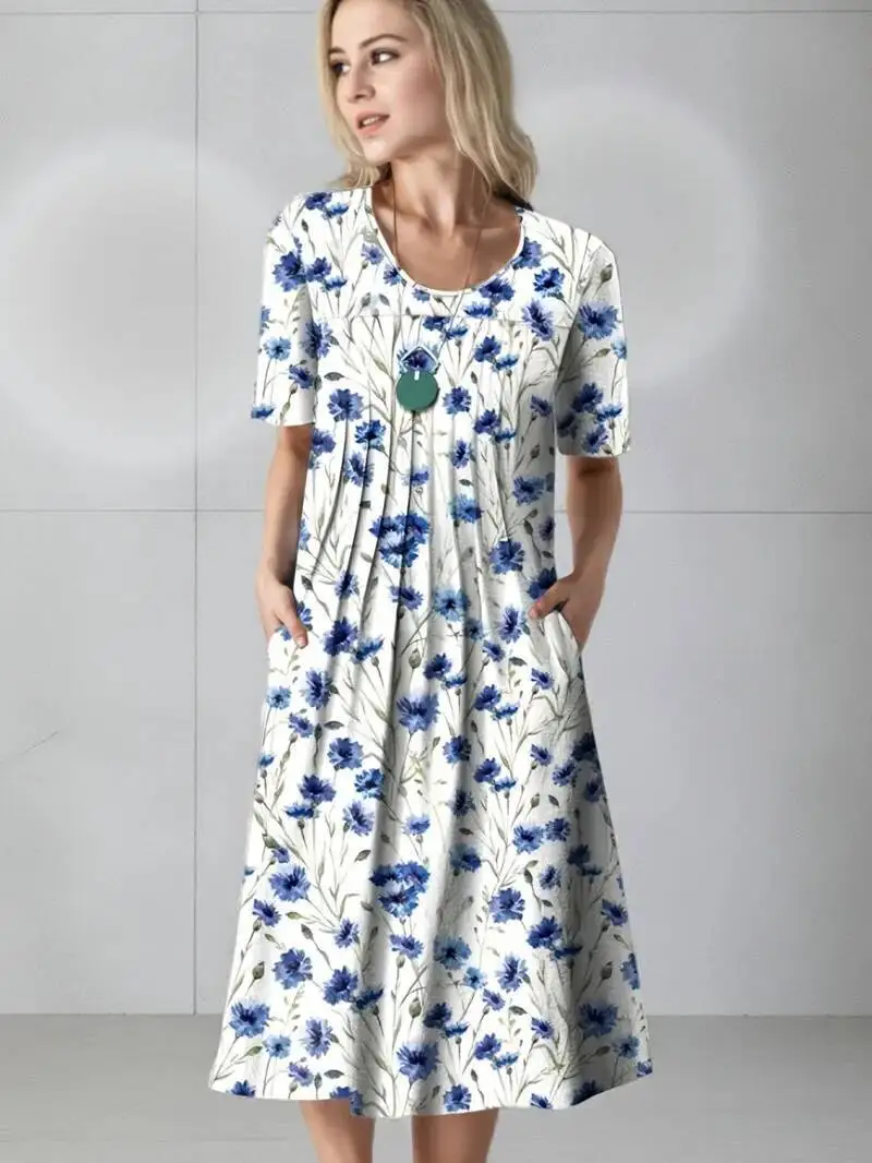 Mode Lässig Lose 2025, Neue Frühjahr Und Sommer frauen Elegante Große Rock Rundhals Gedruckt Kurzen ärmeln Kleid 3T9Z