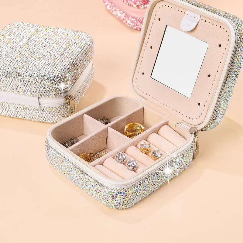 

Luxury Rhinestone Double layer Jewelry Box Portable Makeup Box Organizer Display Earrings Ring Holder With Mirror Storage Case