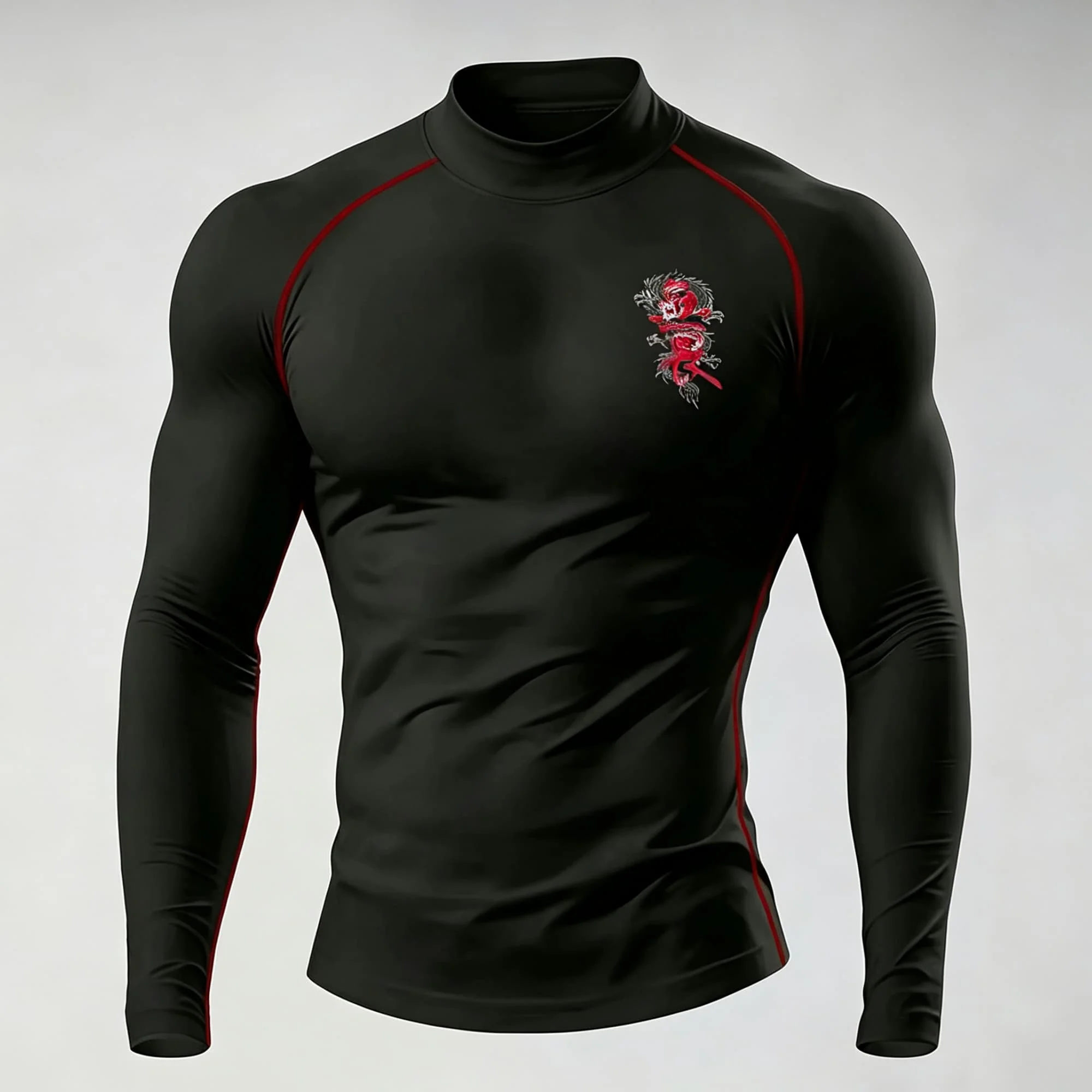 Cultural Street‑Gym Slim Mock Neck Long Sleeve Shirt For Men Sports Base Layer Shirt Weight Lifting Running MMA Training Outfit