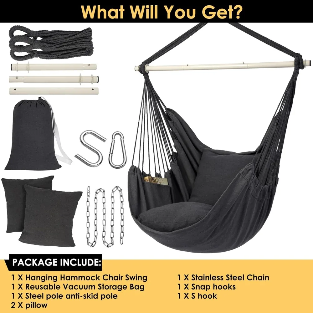 Y- Stop Hammock Chair Hanging Rope Swing Chair, Max 500 Lbs, 2 Seat Cushions Included, Removable Steel Spreader Bar with Anti-Sl