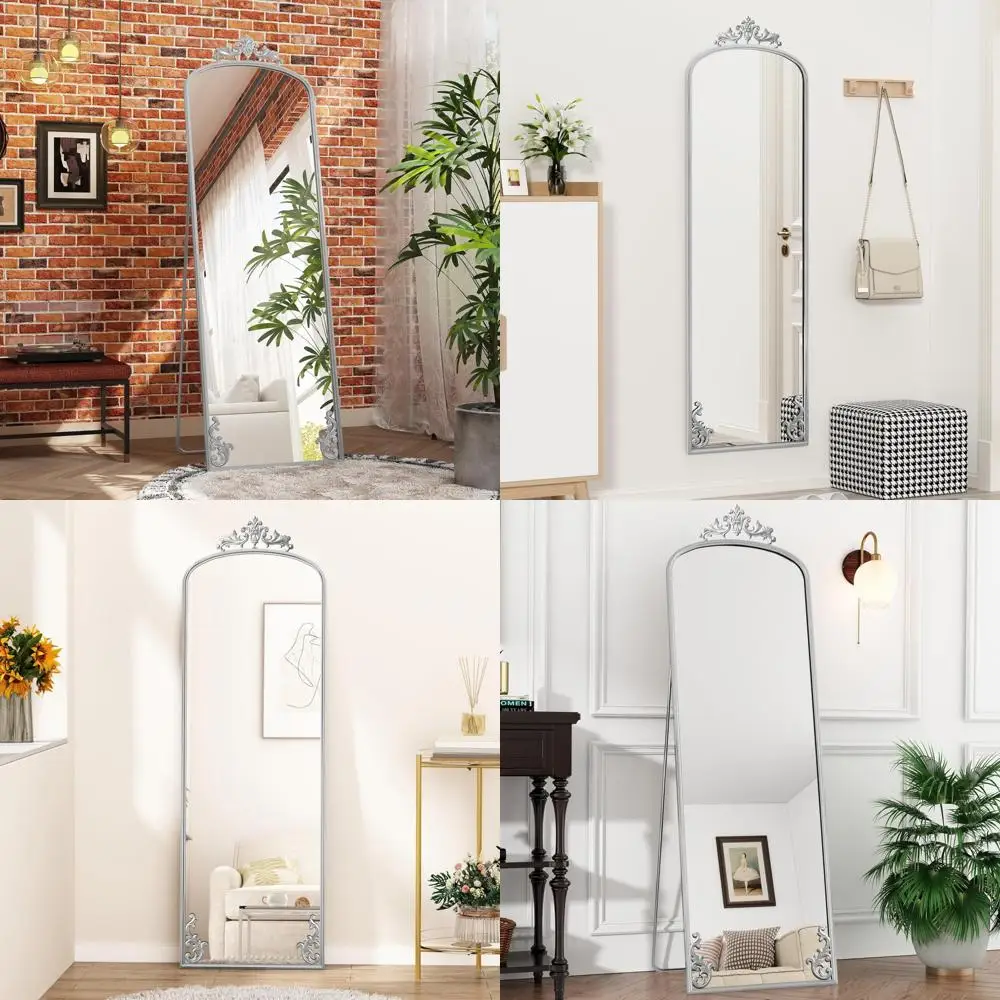 Arched Floor Standing Mirror with Silver Carved Decor, Full-Length Body Mirror for Wall or Leaning, Elegant Home Decorative Mirr