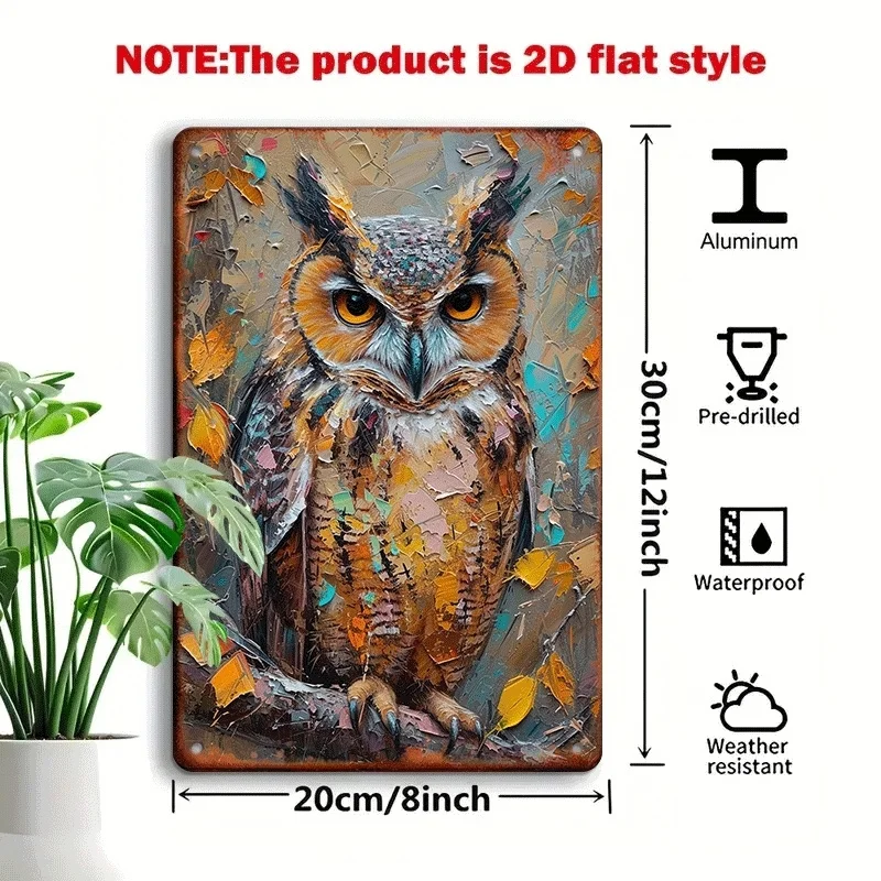 1PC Vintage Owl Oil Painting Metal Iron Sign Home Bar Cafe Garage Decor 8x12 Inch with Pre-drilled Hooks Waterproof Easy To Hang