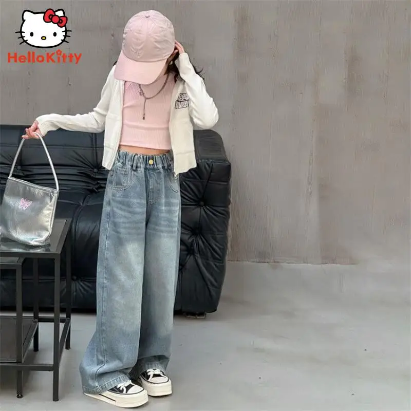 Calças jeans Kawaii Hello Kitty para meninas, calças jeans finas, estilo rua, calças retas hip hop, calças largas, presente de moda primavera e outono