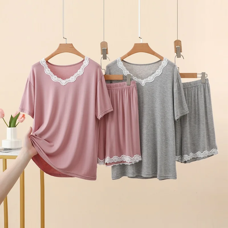 

Женский летний кружевной пижамный комплект - модальная одежда для сна с коротким рукавом и шортами, легкая домашняя одежда