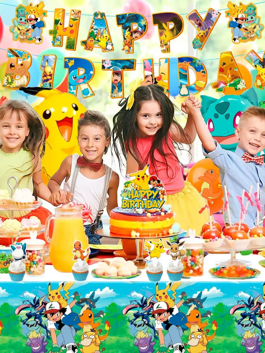 38-teiliges Pokemon-Geburtstagsparty-Dekorationsset - Pokemon-Partyballons, Banner, Kuchendekoration, Hintergrund & Pokemon-Geburtstagsballons etc. Pokemon-Partyzubehör
