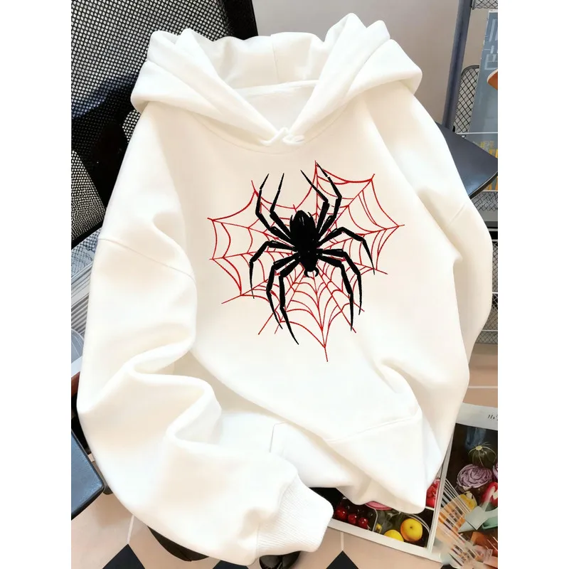 This year's new white hoodie，Decorated with a black spider and red spider web pattern—Halloween and everyday fashion's trendy