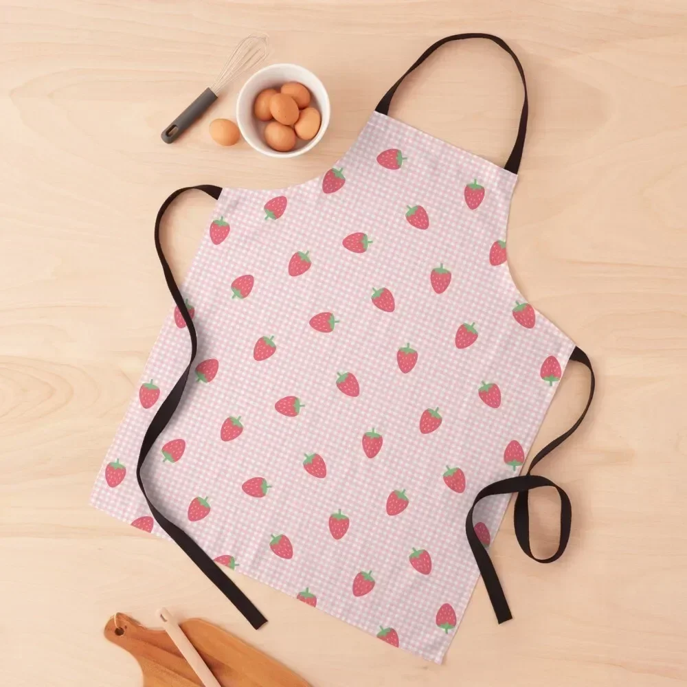 

Strawberry Pastel Pink Gingham Kawaii Cute Cottagecore Aesthetic Apron New year's Kids Apron