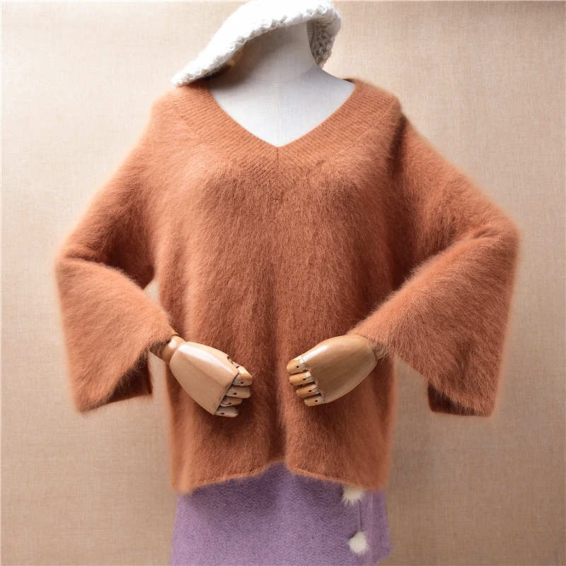 

Ladies Women Fall Winter Clothing Hairy Angora Rabbit Hair Knitted Three Quarter Sleeves V-Neck Loose Pullover Sweater Jumper