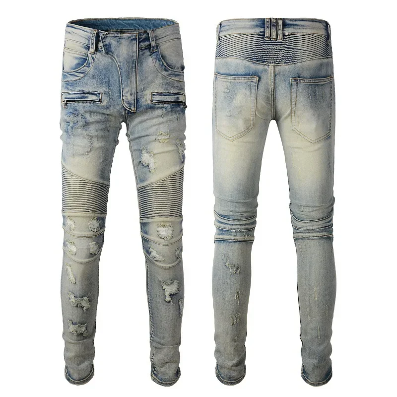 

Four Seasons New Fashion Men's Casual Skinny Washed Vintage Light Blue Jeans Pencil Pants Trendy Spliced Elastic Denim Trousers