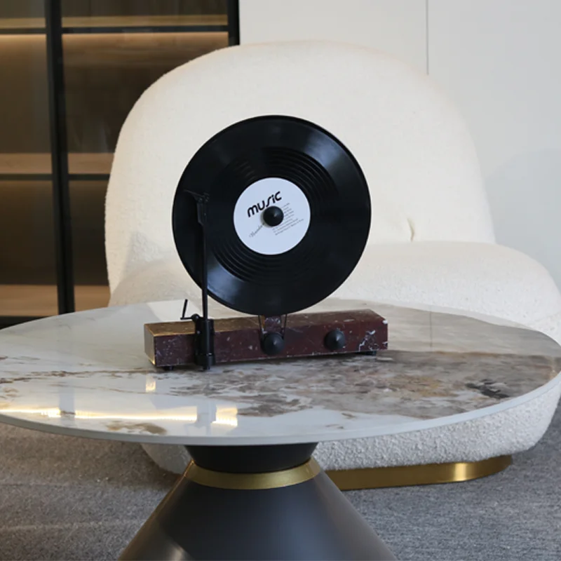 Retro Sound Retainer Black Glue Red Marble Base Metal Record Combination Vertical Retro Living Room Decorative Objects Home