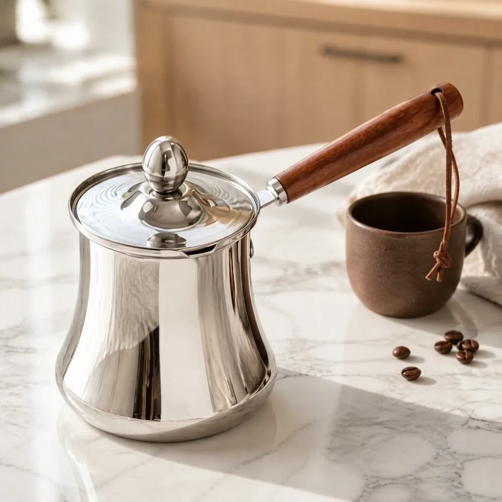 Stainless Steel Turkish Coffee Pot Spill-Resistant Long-Handled Chocolate Melting Pot With Lid 250/350/550/720ml Milk Pitcher