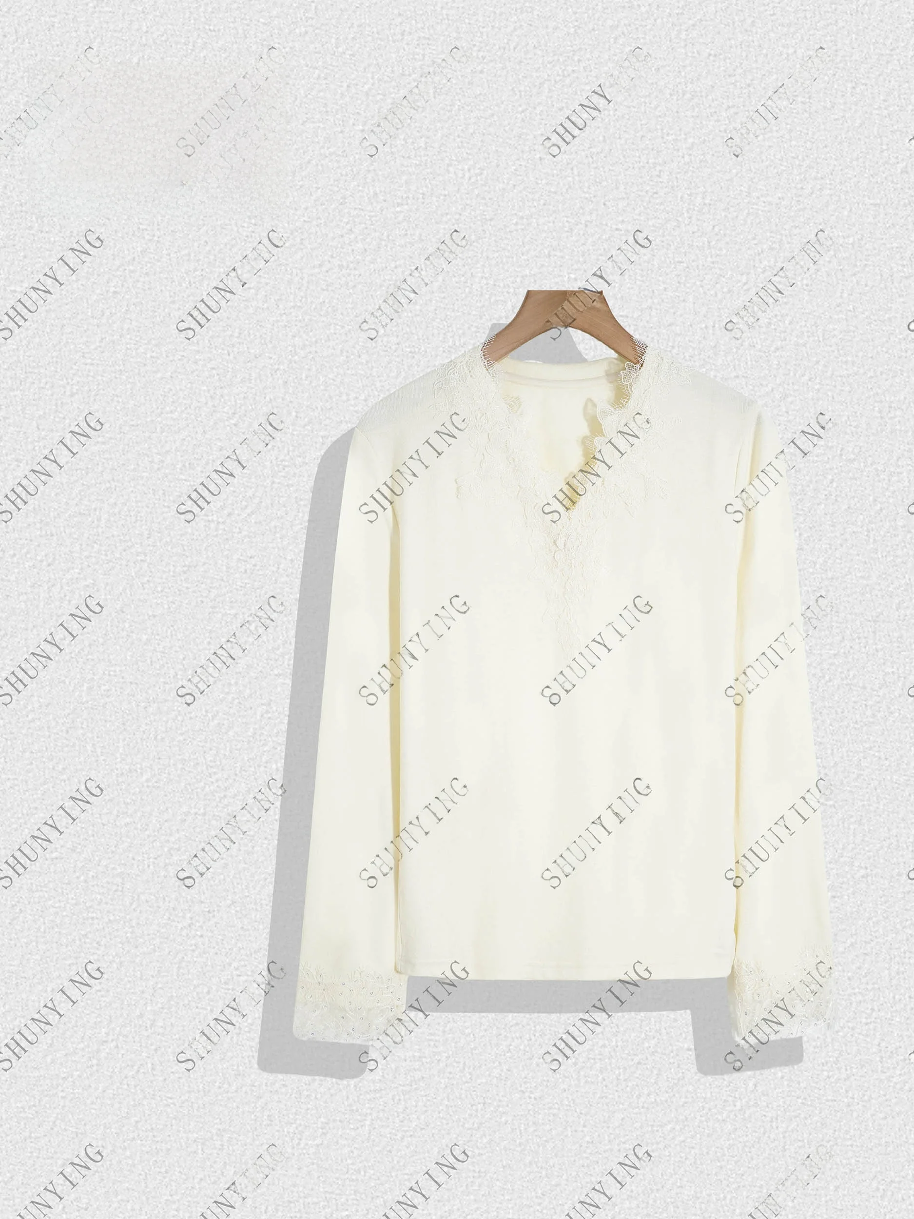 

High-End Casual Lace Trim V-Ne Long Sve Base irt for Women Autumn Winter Glueyarn Knitted Top Age-Defng Ladies Faion