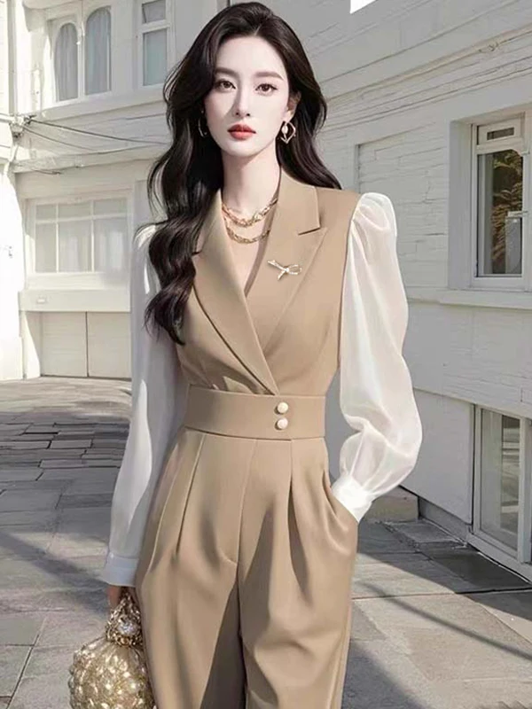 Ele Godd Sle – combinaison à jambes larges avec col de costume, pantalon Long taille haute en Fiber de Polyester, assorti avec tout, nouvelle collection automne 2025