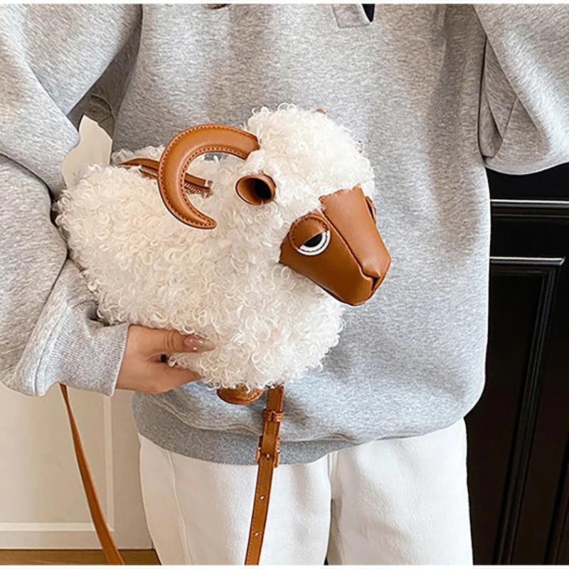 

Плюшевая сумка-кроссбоди в форме ягненка с пушистой кудрявой текстурой и элементами из искусственной кожи, в стиле кавай, милая женская сумка через плечо