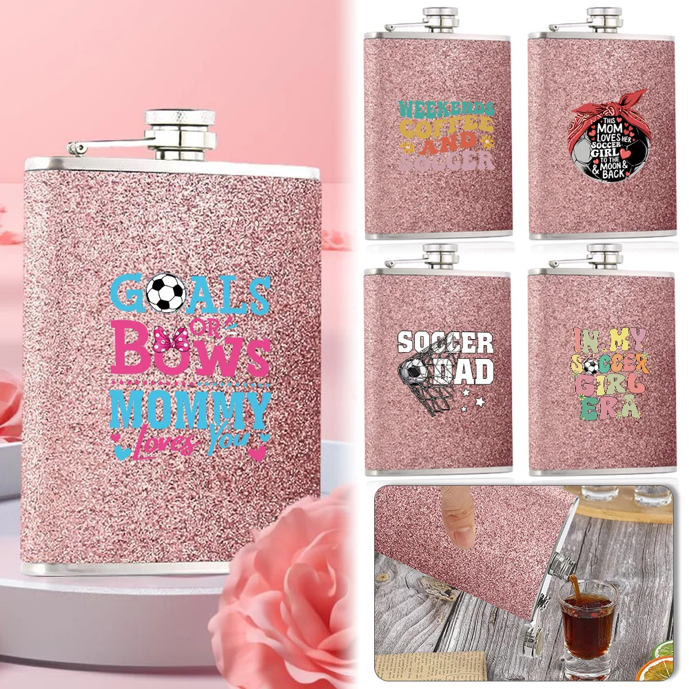 

Pink Glitter Stainless Liquor Bottle Steel Portable Pocket Flask Leakproof Bottle For Women Party Soccer Text Pattern